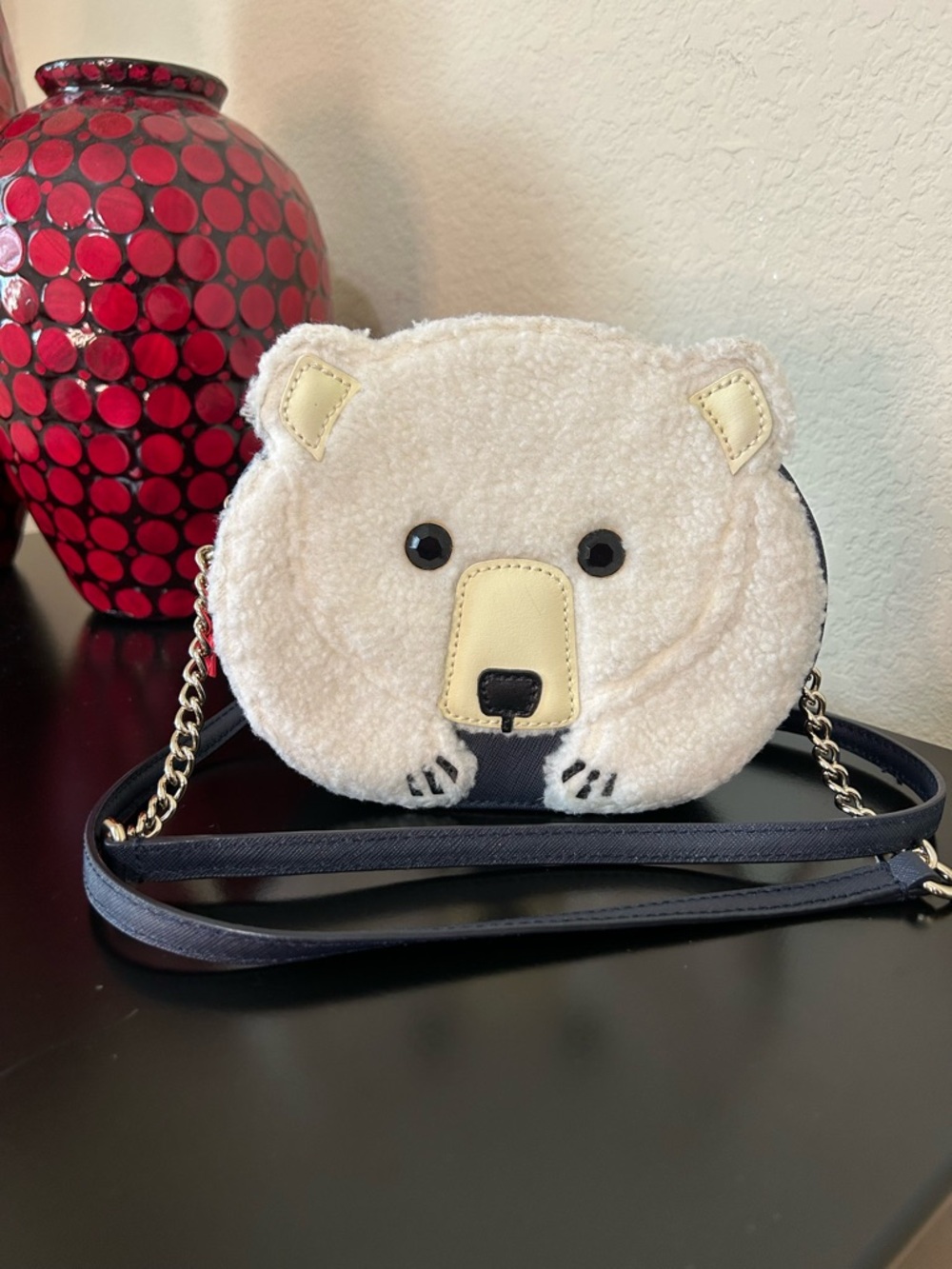 kate spade Cream Bear Face Crossbody Bag with Black Strap